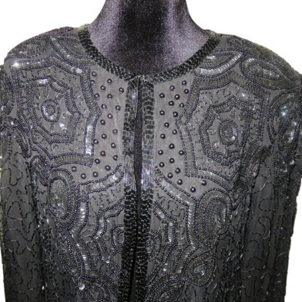 Adrianna Papell Evening 100% Italian Silk Hand Beaded Jacket Medium 10 Vintage - Picture 2 of 7